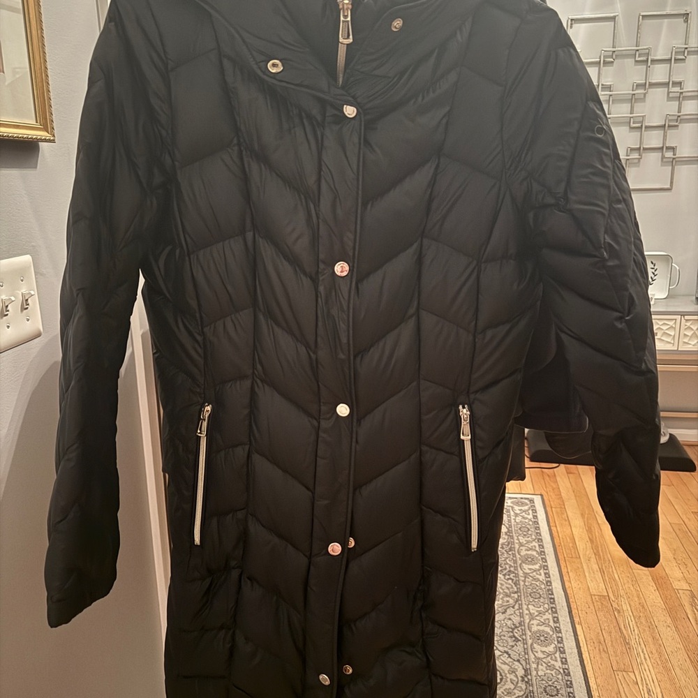 Calvin Klein Women's Black Quilted Long Puffer Coat with Hood and gold zipper